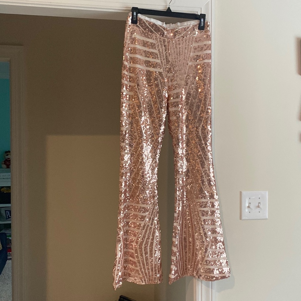 Wide Leg Party NWOT Palazzo Gold Sequin Bell Bottom w/Lined Stretchy Pants Sz M